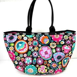 Lesportsac Tote Bag‎ Colorful Floral Boho Hippie Nylon Expandable Handbag